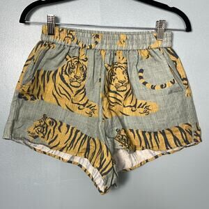 High-Waist Tiger Print Relaxed Shorts - Yellow on Sage